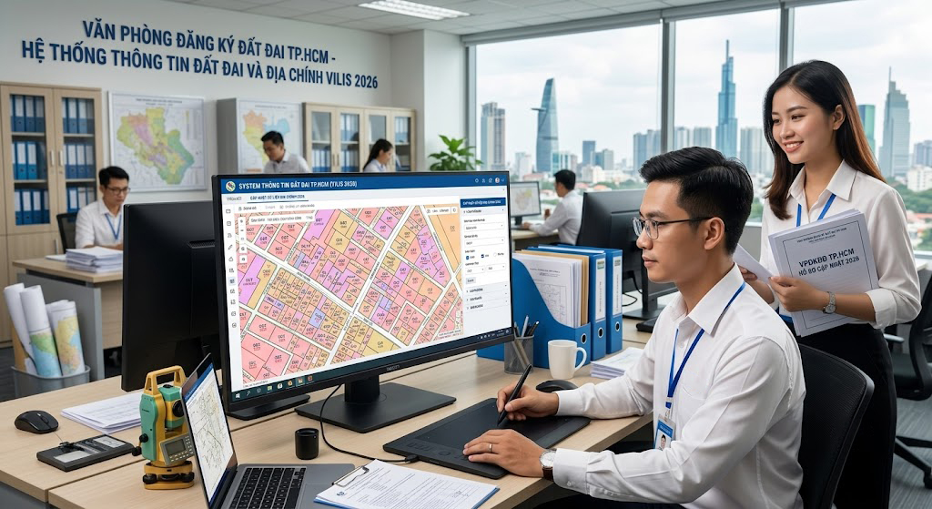 Cán bộ địa chính đang rà soát và cập nhật dữ liệu bản đồ địa chính số trong hệ thống thông tin đất đai tại Văn phòng đăng ký đất đai TP.HCM năm 2026