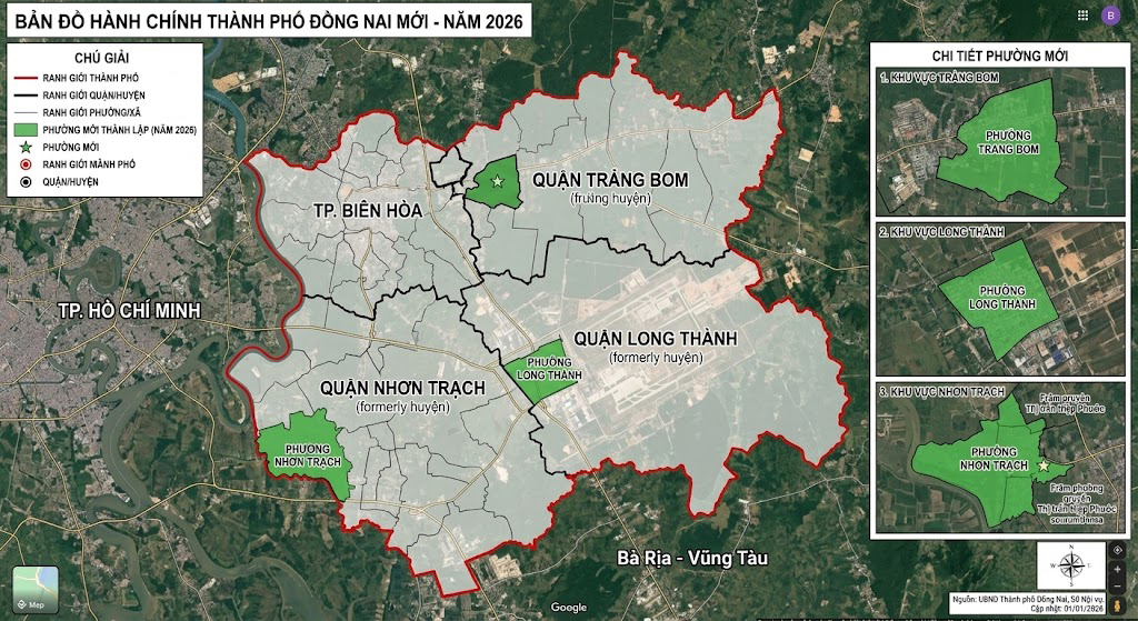 tạo 1 ảnh Bản đồ hành chính Thành phố Đồng Nai mới năm 2026 thể hiện các đơn vị hành chính cấp phường mới thành lập tại Nhơn Trạch, Long Thành, Trảng Bom trên nền Google Maps vệ tinh chân thật nhất.