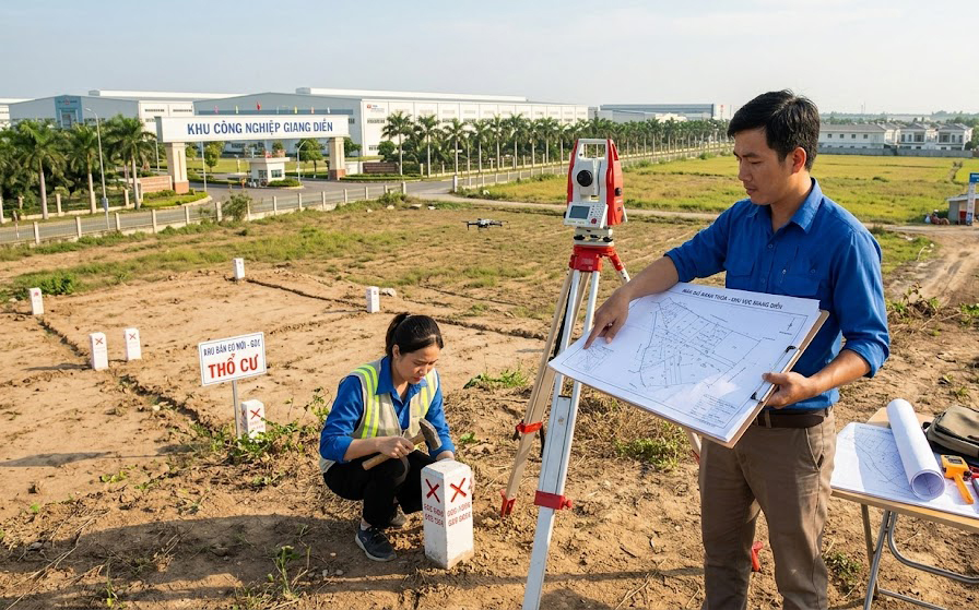 Kỹ sư địa chính đang đo đạc xác định ranh thửa và cắm mốc tách thửa đất tại một khu đất nông nghiệp chuyển đổi thổ cư gần khu công nghiệp Giang Điền An Viễn Trảng Bom Đồng Nai