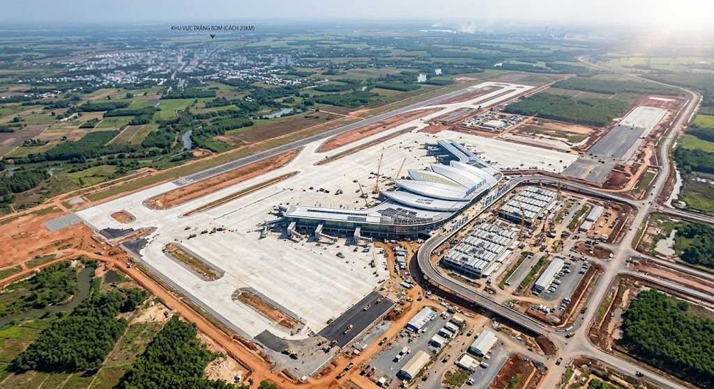 Công trường xây dựng Sân bay quốc tế Long Thành nhìn từ trên cao năm 2025 với các hạng mục nhà ga và đường băng đang hoàn thiện, cách khu vực Trảng Bom khoảng 20km