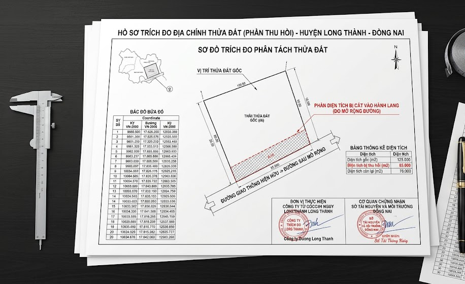 Hồ sơ trích đo địa chính thửa đất bị thu hồi một phần do mở rộng đường giao thông tại huyện Long Thành Đồng Nai, thể hiện sơ đồ thửa đất gốc và phần diện tích bị cắt vào hành lang