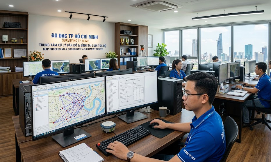 Toàn cảnh văn phòng làm việc của Đo Đạc TP Hồ Chí Minh với hệ thống máy tính đồ họa xử lý bản đồ địa chính số và kỹ sư đang thực hiện bình sai lưới tọa độ VN-2000 bằng phần mầm Famis MicroStation