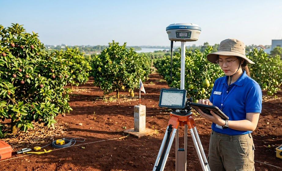 Kỹ sư đo đạc Đo Đạc Tây Ninh sử dụng máy thu GNSS RTK 2 tần số kết nối trạm CORS đo đạc xác định ranh giới thửa đất trồng cây lâu năm tại thị xã Trảng Bàng Tây Ninh