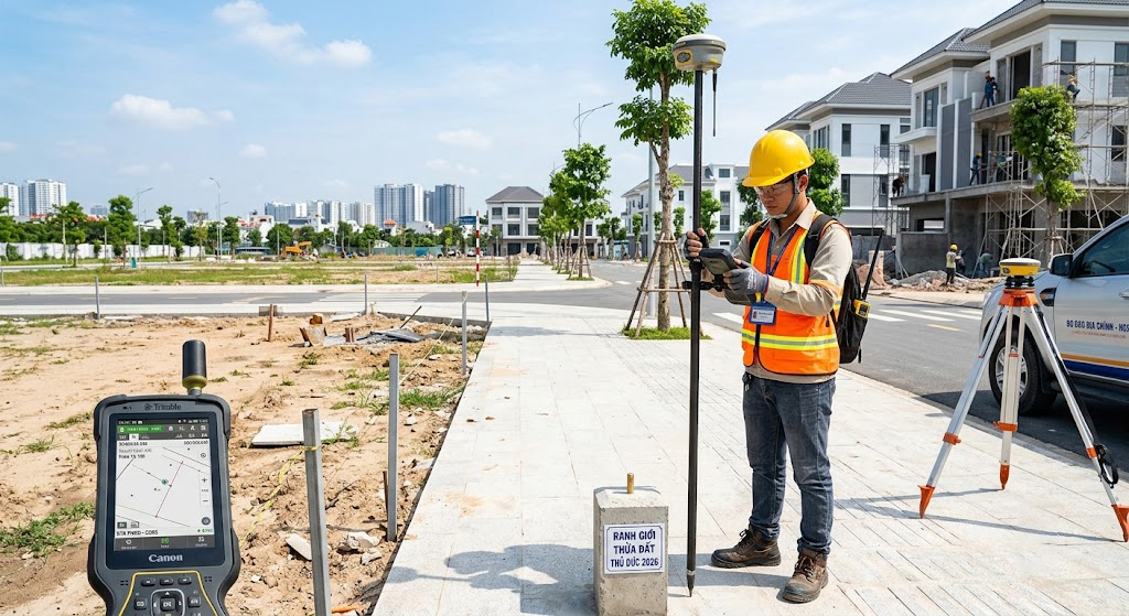 Kỹ sư trắc địa sử dụng máy định vị vệ tinh GPS RTK hai tần số kết nối trạm CORS đang đo đạc ranh giới thửa đất tại một khu dân cư mới hình thành ở TP. Thủ Đức, TP.HCM năm 2026