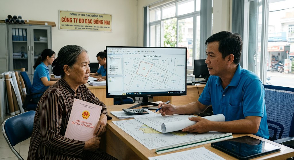 Chủ đất cầm cuốn sổ đỏ đang ngồi trao đổi với kỹ sư trắc địa Đo Đạc Đồng Nai tại văn phòng với bản đồ địa chính số trên màn hình máy tính phía sau