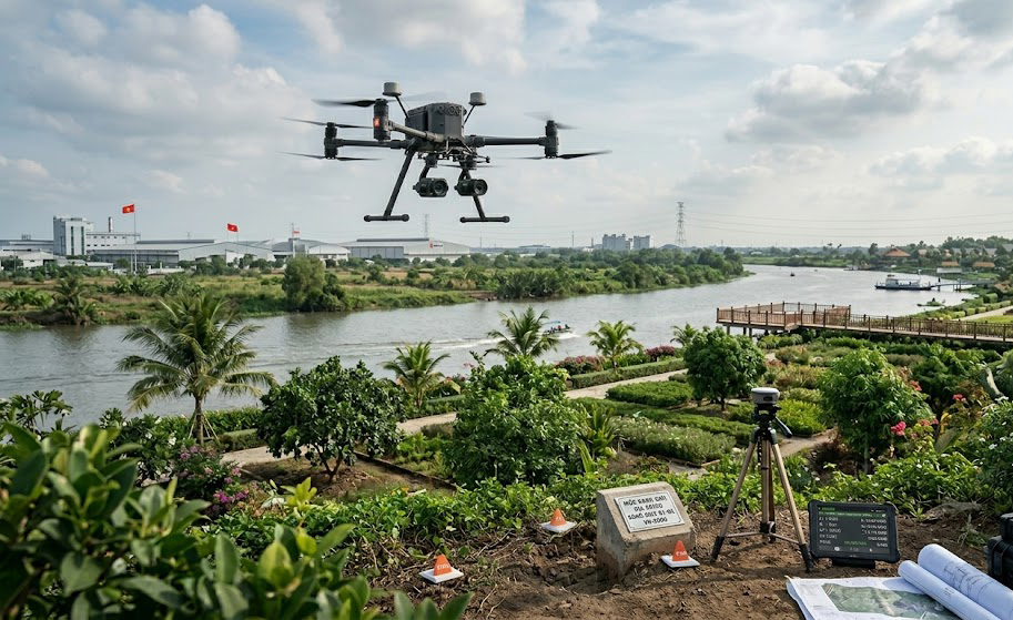 Kỹ sư trắc địa Đo Đạc Đồng Nai đang sử dụng máy định vị vệ tinh GNSS RTK 2 tần số liên kết trạm CORS đo đạc mốc ranh giới lô đất trong khu công nghiệp Sông Mây, huyện Trảng Bom