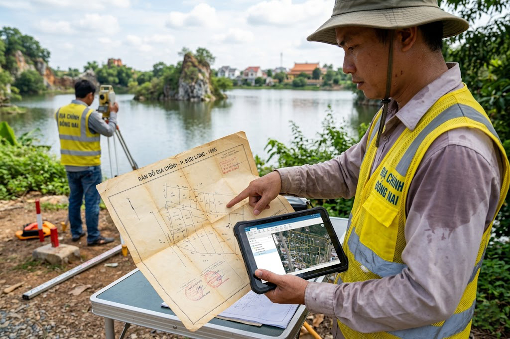 Chuyên viên địa chính đang so sánh bản đồ địa chính giấy cũ với dữ liệu số trên máy tính bảng tại thực địa khu vực ven hồ Bửu Long, phường Bửu Long, thành phố Biên Hòa, tỉnh Đồng Nai