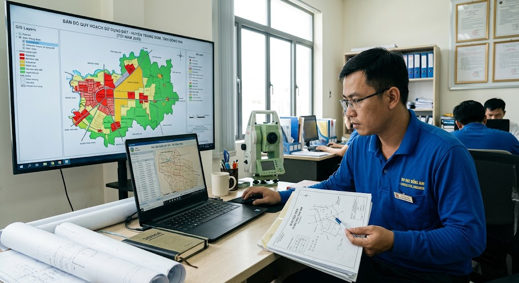 Kỹ sư tư vấn Đo Đạc Đồng Nai đang tra cứu bản đồ quy hoạch sử dụng đất trên phần mềm GIS, đối chiếu với vị trí thửa đất rẫy tại xã Sông Trầu Trảng Bom Đồng Nai