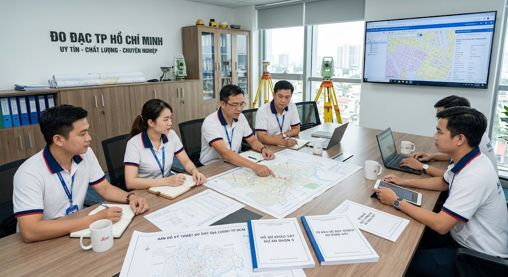 Đội ngũ kỹ sư và chuyên viên hồ sơ của Đo Đạc TP Hồ Chí Minh họp trao đổi hồ sơ kỹ thuật đo đạc tại văn phòng, thể hiện tính chuyên nghiệp và quy trình làm việc bài bản của công ty