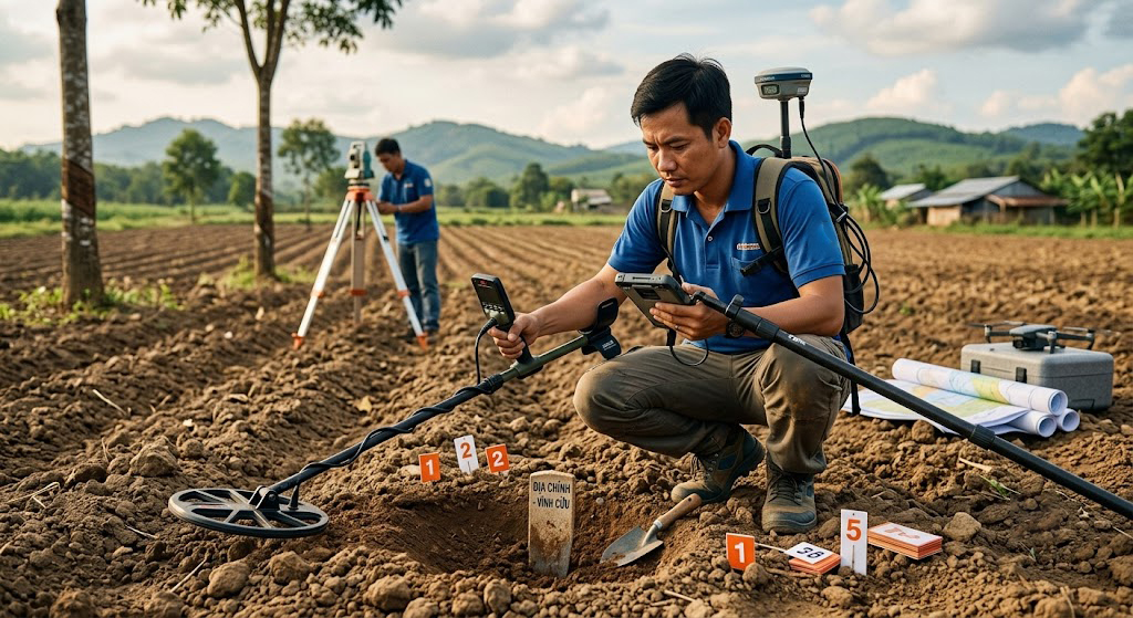 Kỹ sư trắc địa đang sử dụng máy dò kim loại kết hợp máy định vị GPS RTK để tìm kiếm đinh mốc đất bị vùi lấp dưới lớp đất rẫy tại Vĩnh Cửu Đồng Nai
