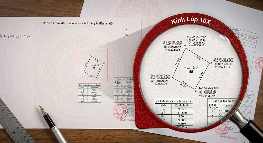 Tờ sổ hồng (Giấy chứng nhận quyền sử dụng đất) với sơ đồ thửa đất ở trang 3 được phóng to để kiểm tra các thông số tọa độ góc thửa và kích thước cạnh thửa