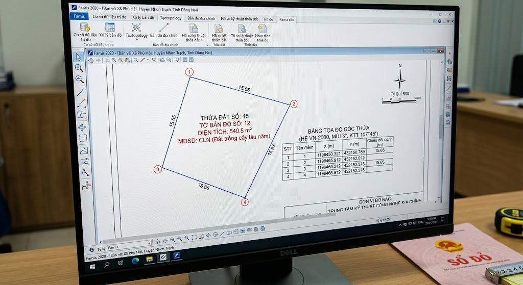 Màn hình phần mềm Famis 2020 hiển thị bản vẽ đo đạc địa chính thửa đất tại xã Phú Hội huyện Nhơn Trạch Đồng Nai với tọa độ góc thửa hệ VN-2000