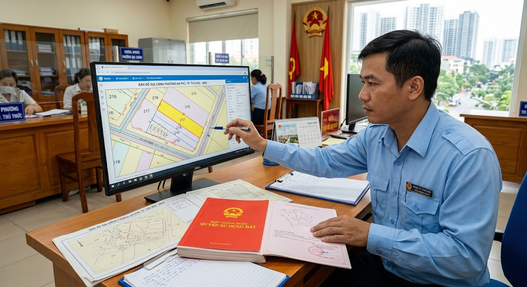 Cán bộ địa chính phường đang đối chiếu bản đồ địa chính số trên màn hình máy tính với hồ sơ giấy tờ đất đai tại trụ sở UBND phường ở TP. Thủ Đức TP.HCM năm 2026
