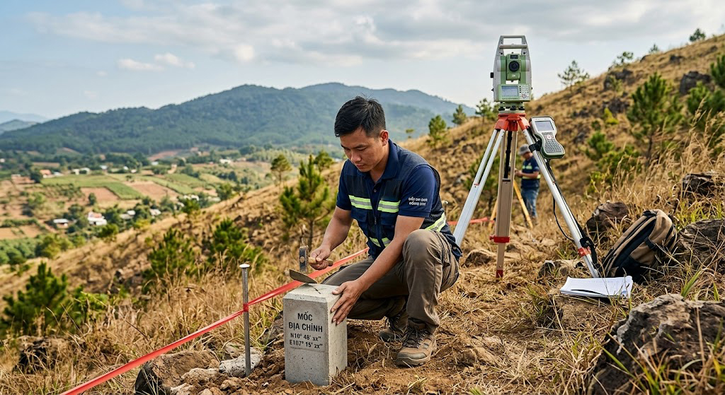 Kỹ sư đo đạc địa chính cắm cọc mốc bê tông tại ranh thửa đất vùng sườn đồi xã Xuân Trường huyện Xuân Lộc Đồng Nai, máy toàn đạc điện tử đặt trên chân máy phía sau