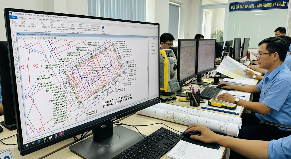 Màn hình phần mềm đo đạc địa chính MicroStation/Famis thể hiện bản vẽ thửa đất đang được biên tập nội nghiệp tại văn phòng kỹ thuật của đội đo đạc TP.HCM với các điểm tọa độ VN-2000 hiển thị rõ ràng