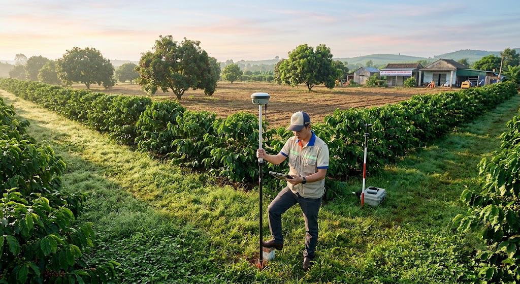 Kỹ sư trắc địa Đo Đạc Đồng Nai đang thao tác máy GPS RTK Leica GS18 T trên thửa đất vườn rộng tại xã Bình Lộc, thành phố Long Khánh, Đồng Nai – buổi sáng sớm, cỏ xanh, hàng cây cà phê bao quanh