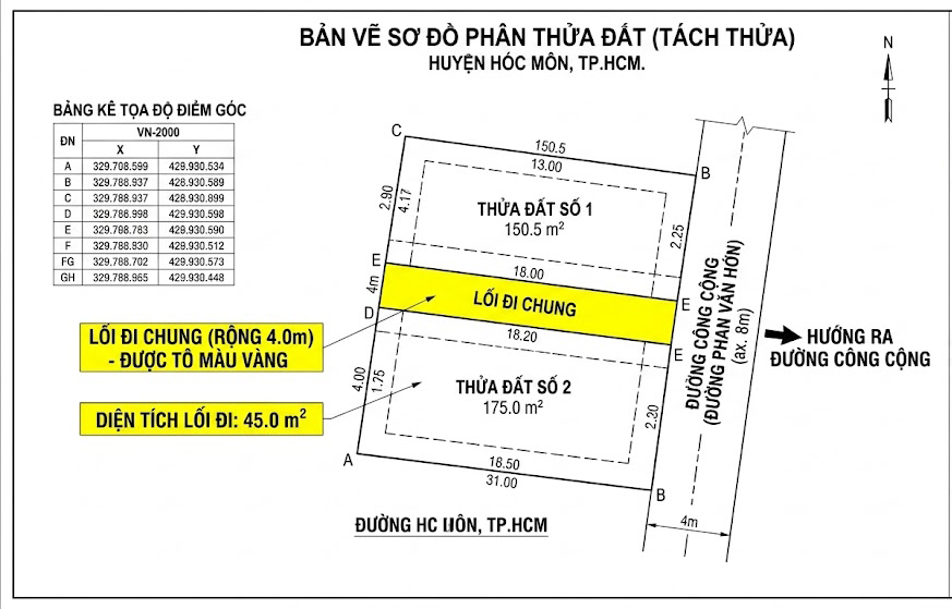 Bản vẽ phân thửa đất tại huyện Hóc Môn TP.HCM thể hiện rõ hai thửa đất sau khi tách, lối đi chung rộng 4m được tô màu vàng riêng biệt, ghi chú diện tích lối đi, tọa độ điểm góc và hướng ra đường công cộng