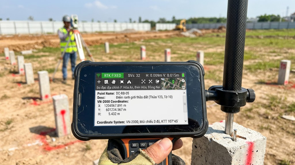 Màn hình bộ thu GNSS RTK đang hiển thị tọa độ VN-2000 điểm ranh giới thửa đất trong hệ tọa độ quốc gia tại công trình đo đạc địa chính phường Hóa An Biên Hòa Đồng Nai