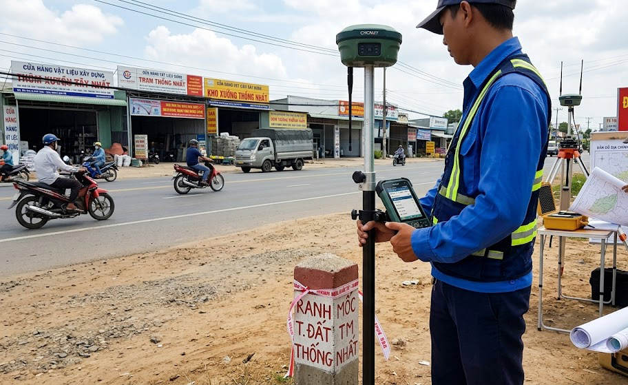 Thiết bị máy định vị vệ tinh GNSS RTK 2 tần số đang thu tín hiệu trạm CORS khi đo đạc ranh mốc thửa đất thương mại mặt tiền tại huyện Thống Nhất Đồng Nai