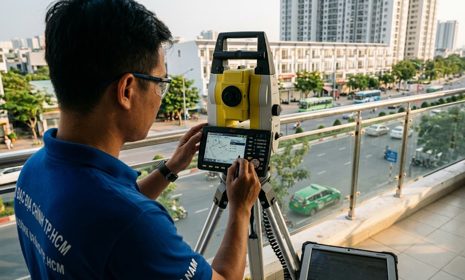 Kỹ sư trắc địa đang thao tác máy toàn đạc điện tử Leica TS16 đo chi tiết ban công tầng 2 nhà phố liên kế tại đường Nguyễn Hữu Thọ Quận 7 TP.HCM, góc chụp rõ màn hình máy