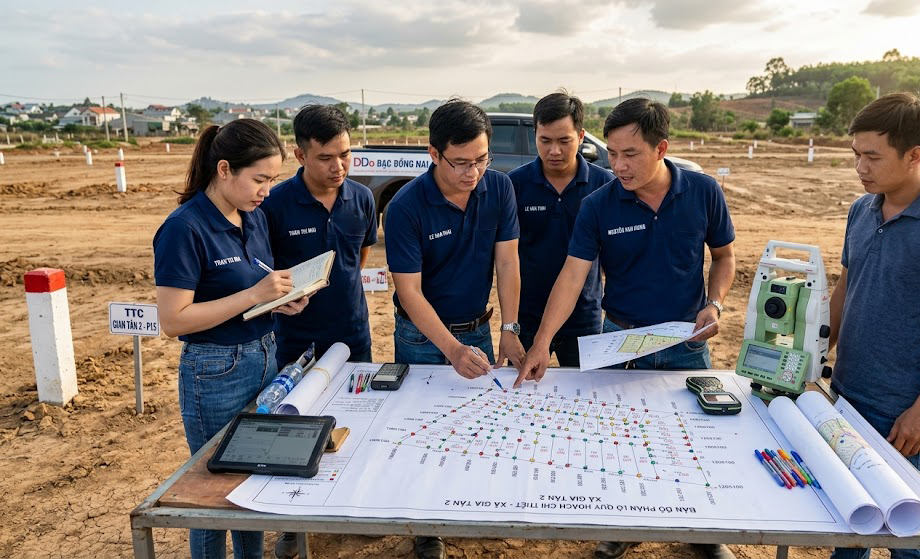 Nhóm kỹ sư trắc địa của Đo Đạc Đồng Nai mặc áo đồng phục có logo thương hiệu, đang họp kỹ thuật tại thực địa khu đất thổ cư xã Gia Tân 2, huyện Thống Nhất, xung quanh là bản đồ in khổ lớn trải trên bàn dã chiến với các điểm tọa độ đã đánh dấu