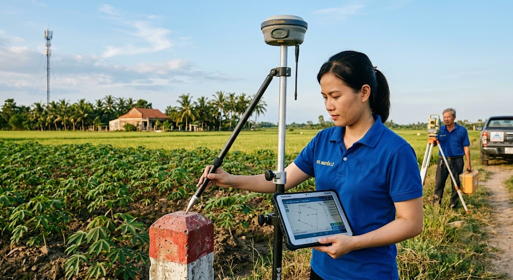 Kỹ sư trắc địa Đo Đạc Tây Ninh sử dụng máy định vị vệ tinh GPS RTK kết nối trạm CORS đo đạc xác định ranh giới thửa đất nông nghiệp tại huyện Bến Cầu Tây Ninh