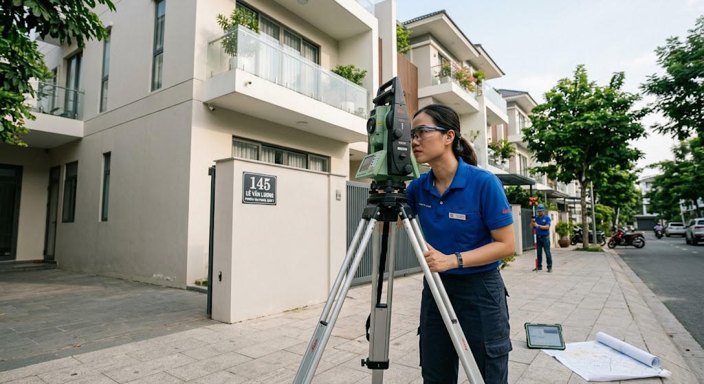 Kỹ sư trắc địa sử dụng máy toàn đạc điện tử Leica TS16 đo đạc kiểm tra hiện trạng mặt đứng nhà phố tại khu dân cư Quận 7 TP.HCM, ánh sáng ban ngày rõ nét, có biển số nhà phía sau
