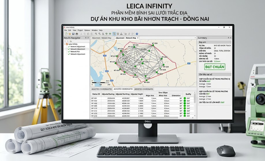 Màn hình phần mềm bình sai lưới trắc địa Leica Infinity hiển thị kết quả đo lưới khống chế khu vực dự án kho bãi Nhơn Trạch Đồng Nai với các chỉ tiêu sai số đạt chuẩn