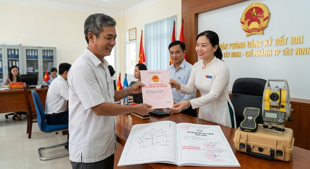 Chủ đất tại thành phố Tây Ninh nhận Giấy chứng nhận quyền sử dụng đất (sổ đỏ) mới sau khi hoàn tất thủ tục tách thửa với hồ sơ đo đạc địa chính do Đo Đạc Tây Ninh thực hiện