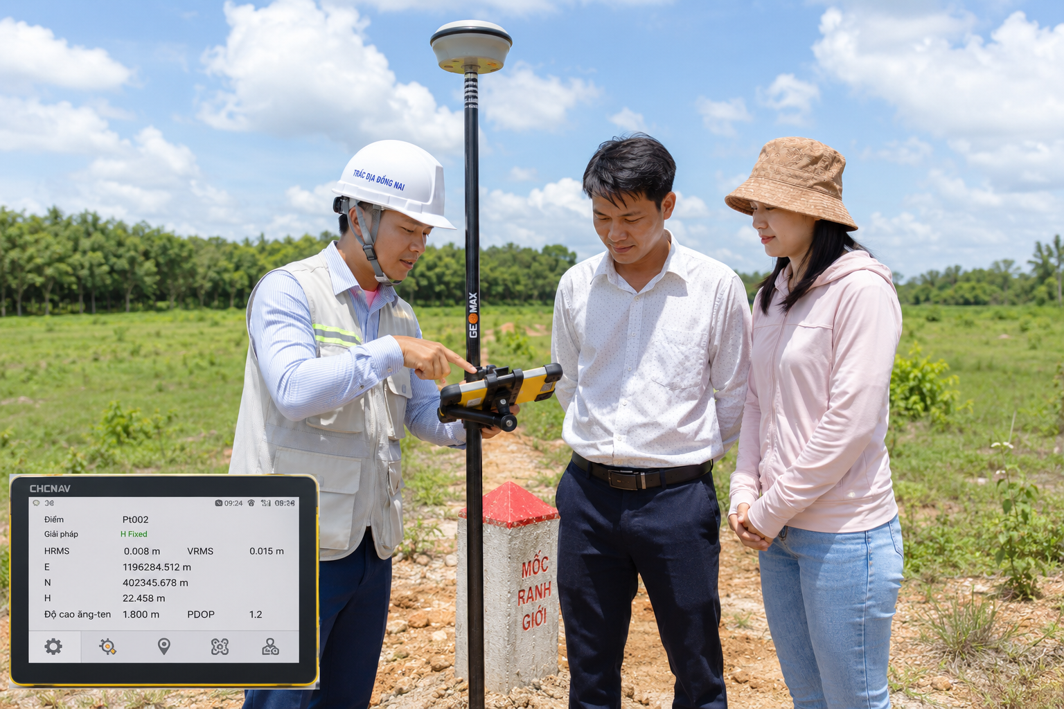 Kỹ sư trắc địa Đồng Nai đang hướng dẫn chủ đất và khách mua đất cùng đứng tại mốc ranh giới thực địa trên thửa đất nông nghiệp Long Thành trong khi thiết bị GNSS RTK đang thu tín hiệu vệ tinh hiển thị tọa độ trên màn hình