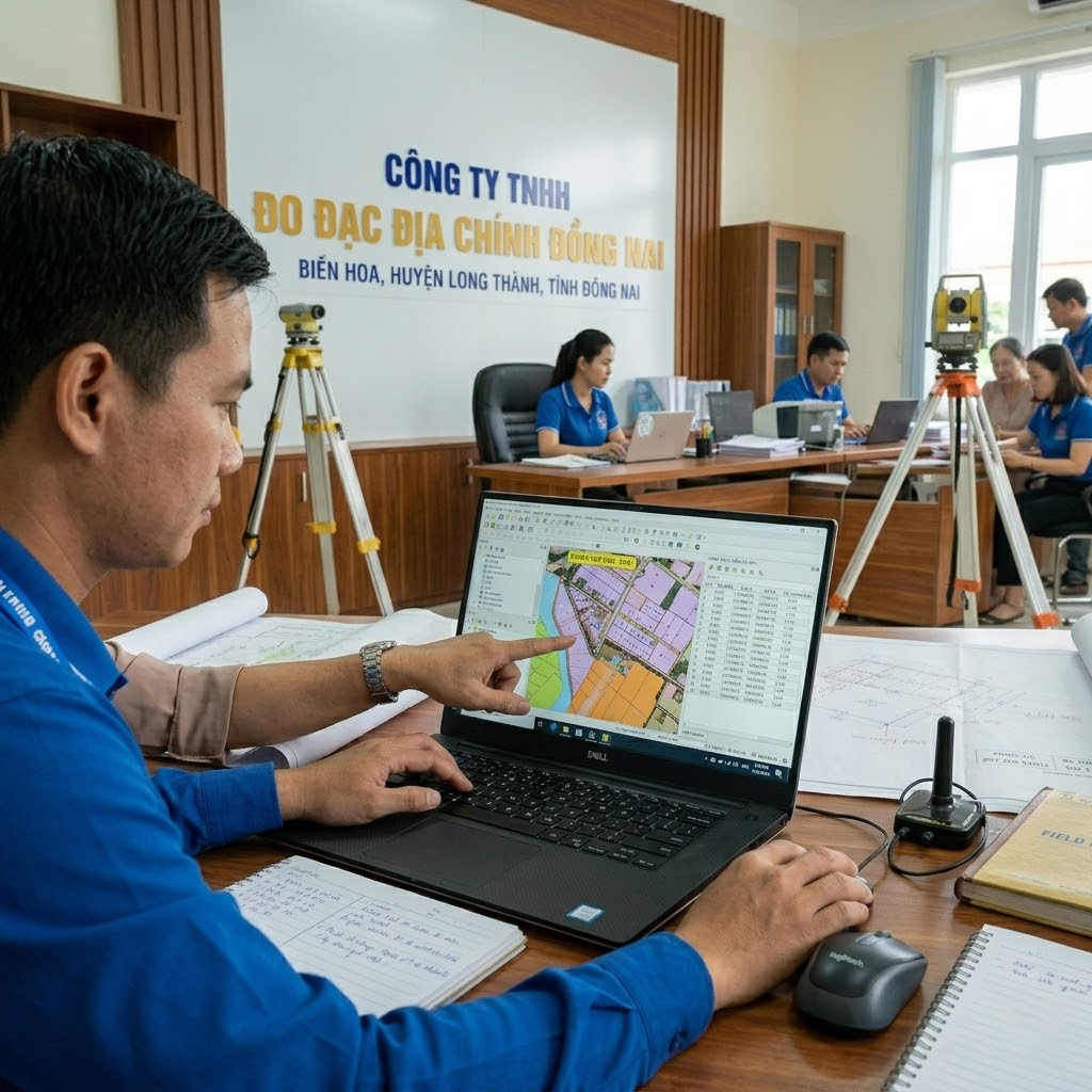 Kỹ sư Đo Đạc Đồng Nai ngồi làm việc tại văn phòng trên phần mềm FAMIS xử lý bản đồ địa chính số thửa đất tại huyện Xuân Lộc, màn hình hiển thị sơ đồ phân lô chi tiết tỷ lệ 1:500