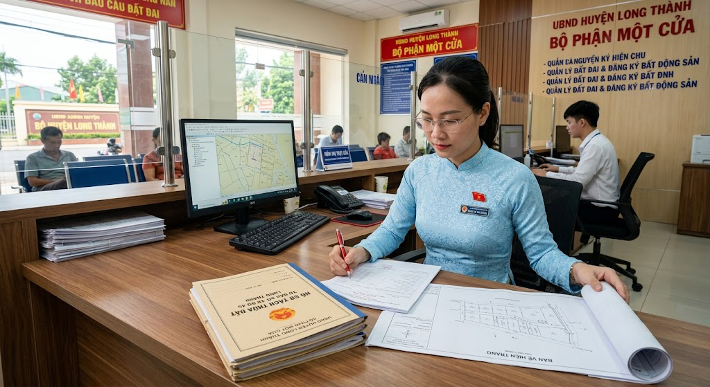 Cán bộ văn phòng đăng ký đất đai huyện Long Thành Đồng Nai đang kiểm tra hồ sơ tách thửa đất và bản vẽ hiện trạng do đơn vị đo đạc nộp kèm, tại bộ phận một cửa UBND huyện