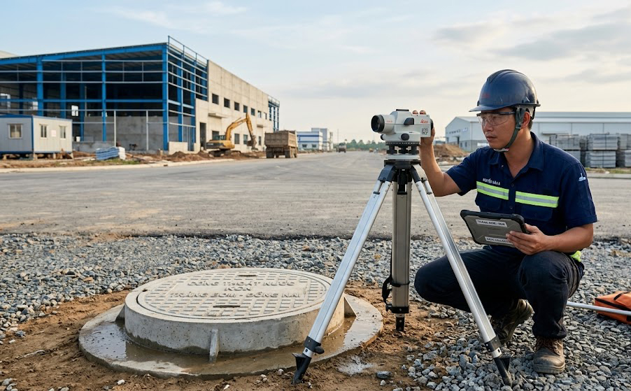Kỹ sư đo đạc sử dụng máy thủy bình điện tử Leica đo cao độ miệng hố ga thoát nước trong khu công nghiệp tại huyện Trảng Bom, Đồng Nai để xác định cao độ nền thiết kế nhà xưởng