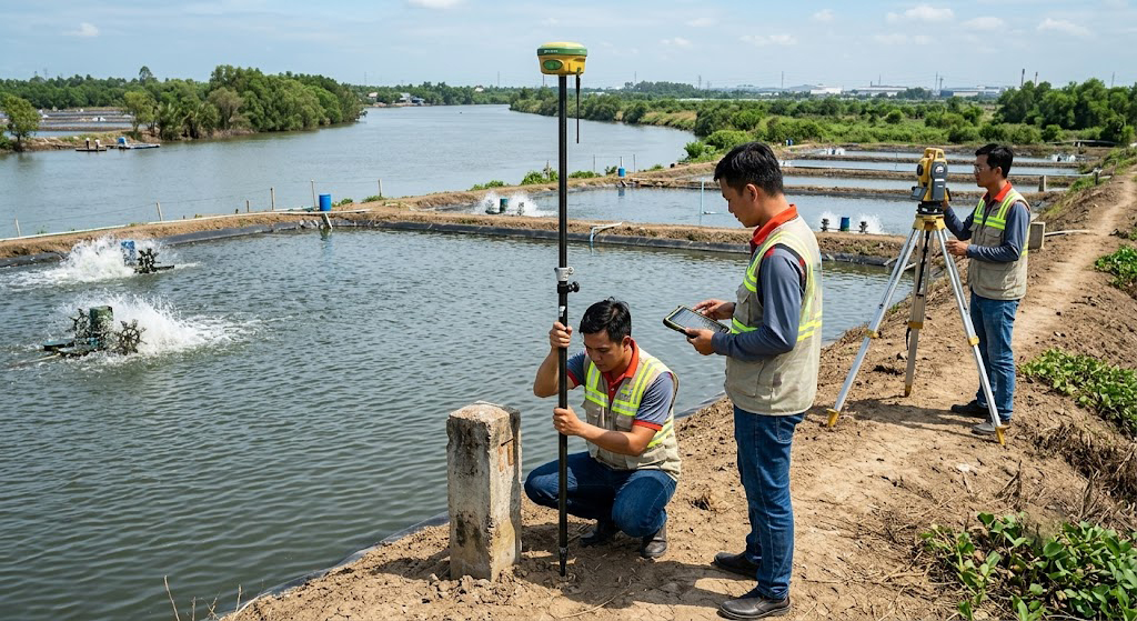 Đội kỹ thuật Đo Đạc Đồng Nai gồm 3 kỹ sư trắc địa đang phối hợp đo đạc ranh giới ao nuôi tôm ven sông tại huyện Nhơn Trạch Đồng Nai, sử dụng bộ máy GPS RTK Topcon HiPer HR và cần ăng ten trắc địa cao 2m cắm tại mốc bê tông bờ ao