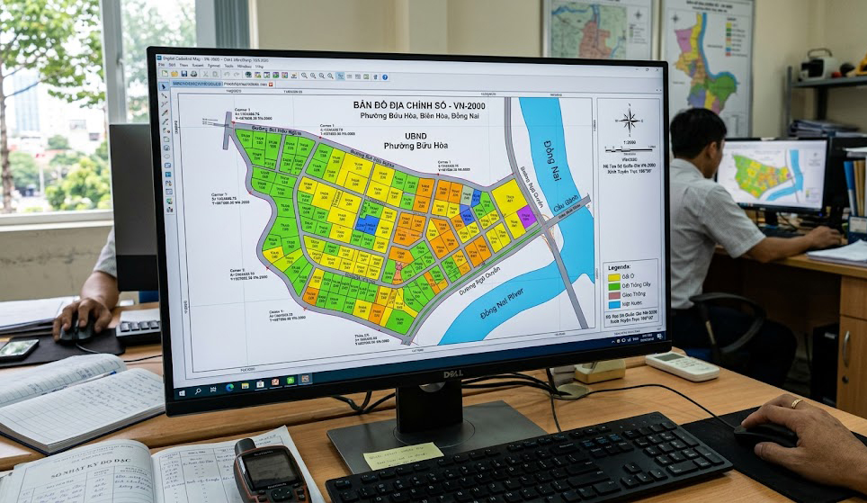 Bản đồ địa chính số hiển thị trên màn hình máy tính của văn phòng đo đạc với các thửa đất tại phường Bửu Hòa Biên Hòa Đồng Nai được tô màu phân biệt ranh giới và tọa độ VN-2000 rõ ràng