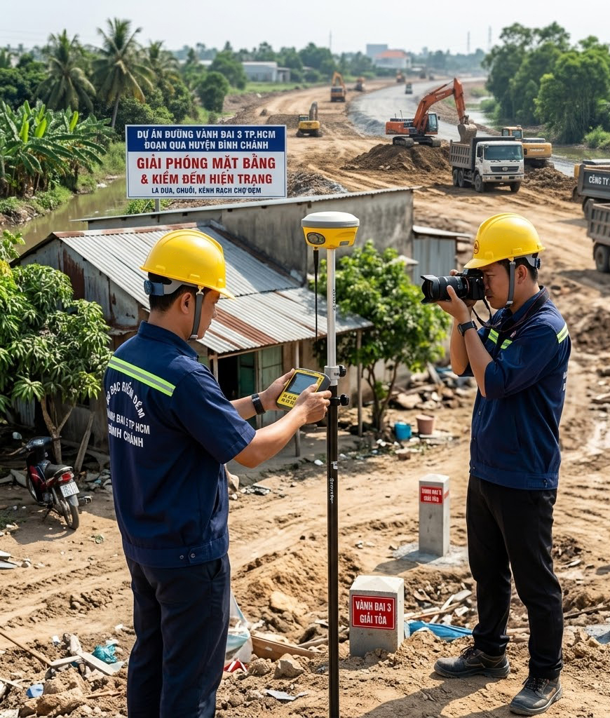 Cán bộ kỹ thuật đo đạc kiểm đếm thực địa tại vùng dự án Vành đai 3 TP.HCM đoạn qua huyện Bình Chánh, sử dụng máy GNSS RTK và máy chụp ảnh ghi lại hiện trạng công trình trên đất