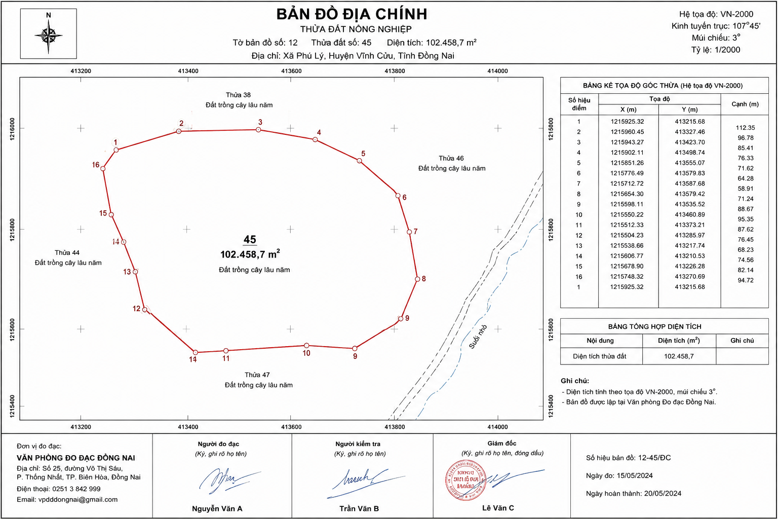 Bản đồ địa chính thửa đất nông nghiệp diện tích lớn được in ra có ghi chú tọa độ VN-2000 các góc thửa và diện tích tính toán chính xác tại văn phòng đo đạc Đồng Nai