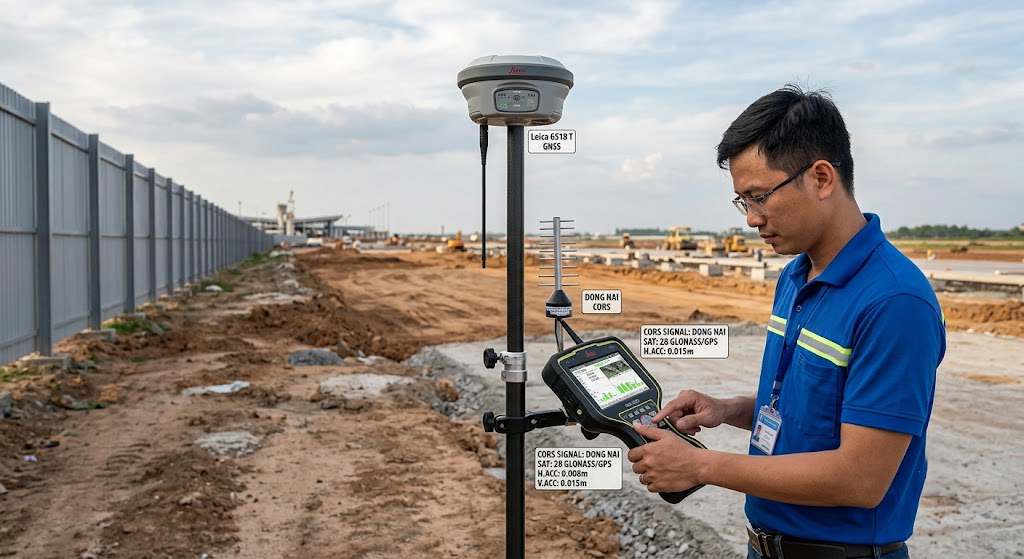 Máy định vị vệ tinh GPS RTK hai tần số Leica GS18 đang thu tín hiệu trạm CORS Đồng Nai tại thực địa vùng đất sát hàng rào sân bay Long Thành, kỹ sư trắc địa đứng thao tác bộ điều khiển Leica CS20