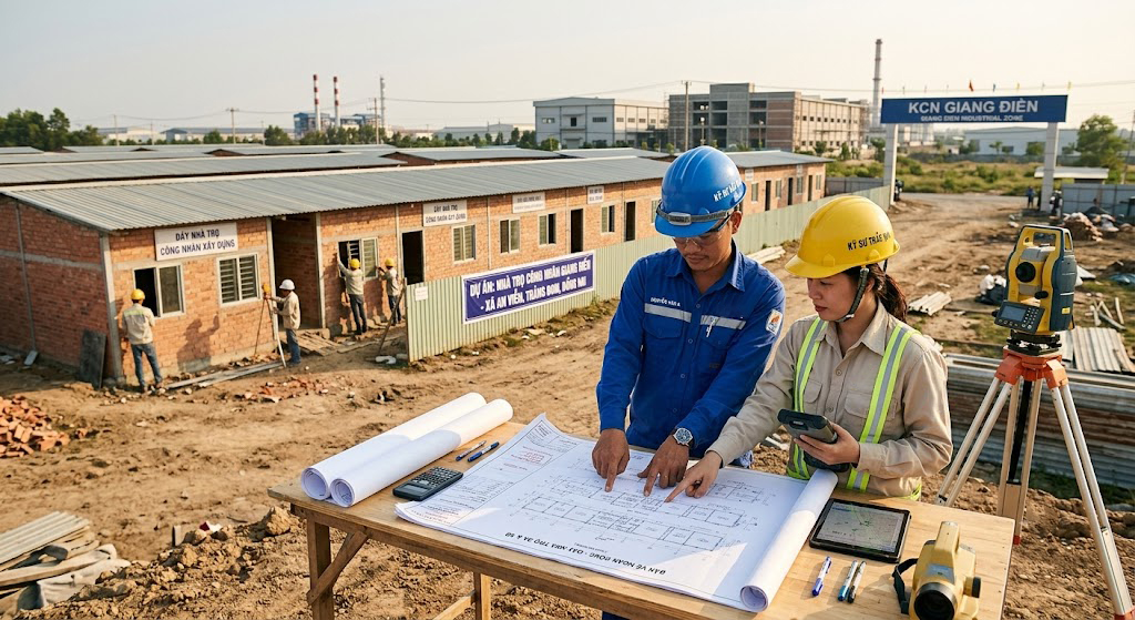 Kỹ sư xây dựng và kỹ sư trắc địa đang kiểm tra bản vẽ hoàn công tại công trình dãy nhà trọ công nhân xây dựng gần KCN Giang Điền xã An Viễn Trảng Bom Đồng Nai