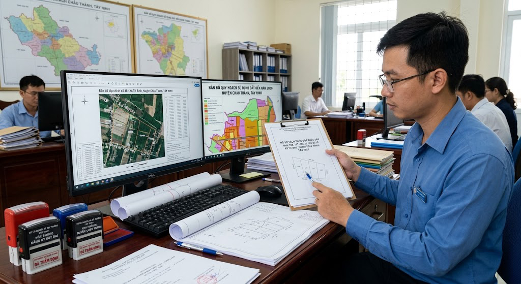 Cán bộ Văn phòng Đăng ký đất đai tỉnh Tây Ninh đang thẩm tra hồ sơ đo đạc địa chính, đối chiếu bản vẽ sơ đồ nhà đất với bản đồ quy hoạch sử dụng đất huyện trên màn hình máy tính
