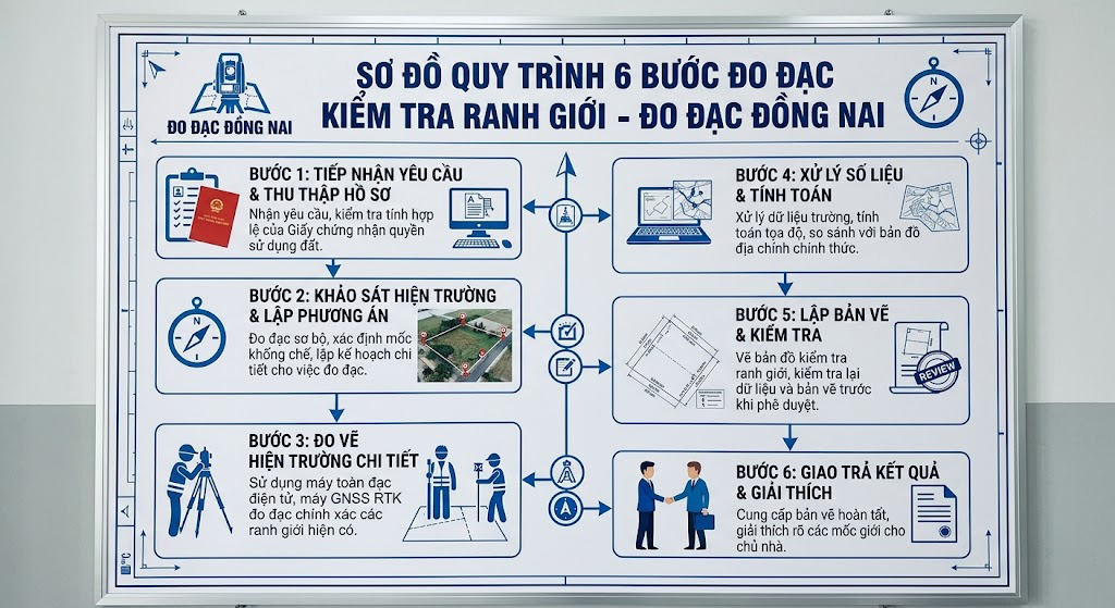 Sơ đồ quy trình 6 bước đo đạc kiểm tra ranh giới nhà phố của Đo Đạc Đồng Nai được in trên bảng kỹ thuật – nền trắng, chữ xanh dương, rõ ràng chuyên nghiệp