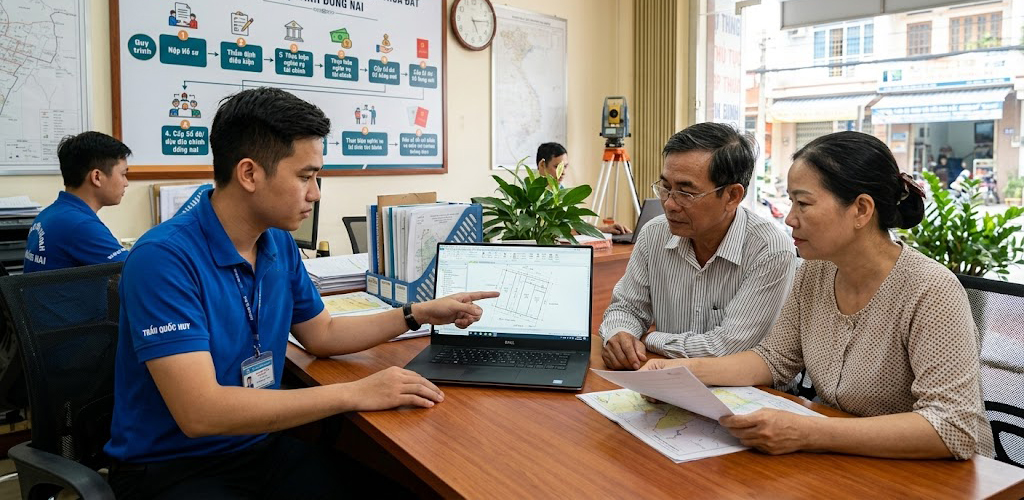 Kỹ sư Đo Đạc Đồng Nai đang hướng dẫn chủ đất tại huyện Thống Nhất Đồng Nai xem xét bản vẽ tách thửa đất nền trên màn hình laptop tại văn phòng, phía sau là bảng quy trình thủ tục tách thửa hợp thửa Đồng Nai