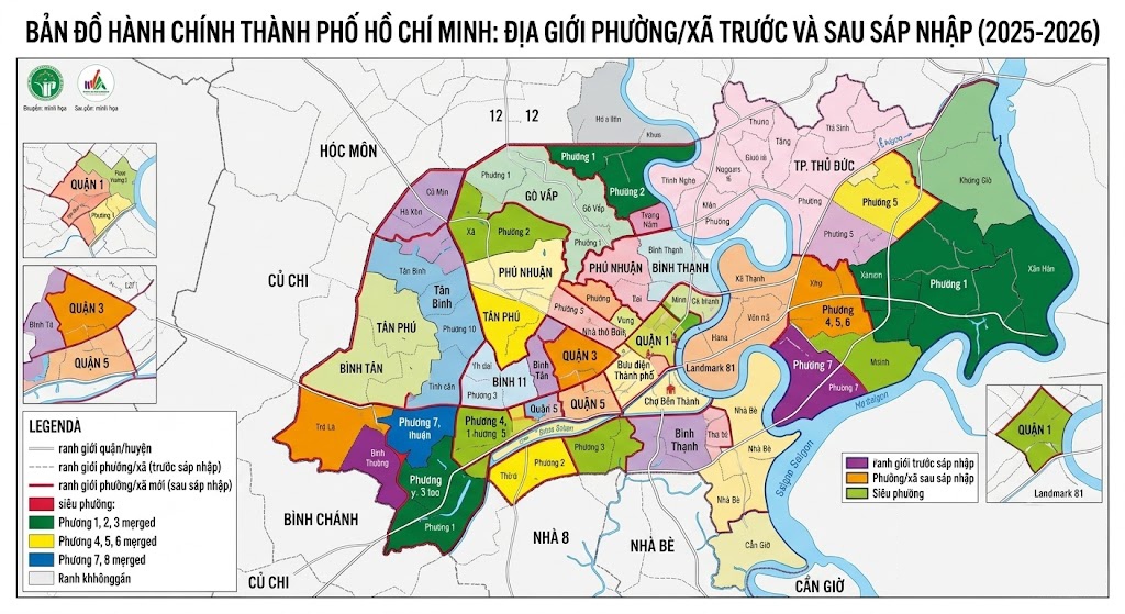 Bản đồ hành chính TP.HCM thể hiện ranh giới các đơn vị hành chính cấp phường xã trước và sau khi sáp nhập thành 'siêu phường' năm 2025-2026, in màu nổi bật phân biệt các vùng thay đổi địa giới
