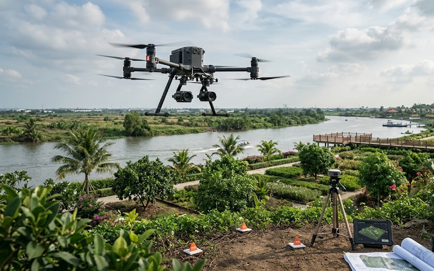 Flycam UAV DJI Matrice 350 RTK đang thực hiện bay quét địa hình khu đất vườn sinh thái ven sông tại Long Thành Đồng Nai – góc chụp từ mặt đất