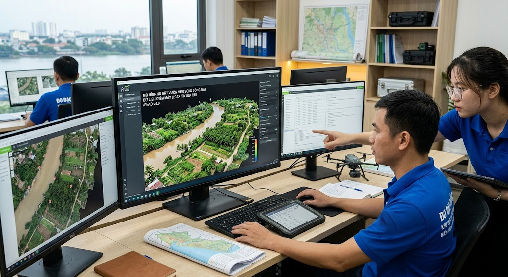 Kỹ sư nội nghiệp Đo Đạc Đồng Nai đang xử lý mô hình 3D điểm mây LiDAR từ UAV RTK trên phần mềm Pix4D – màn hình hiển thị địa hình đất vườn ven sông Đồng Nai