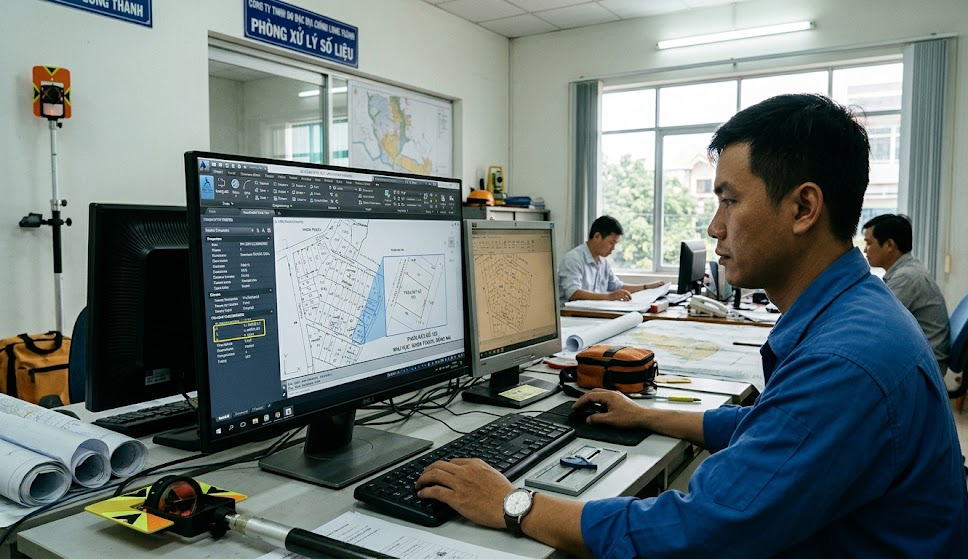 Văn phòng làm việc của Đo Đạc Đồng Nai với màn hình máy tính thể hiện phần mềm xử lý số liệu AutoCAD Civil 3D đang vẽ bản đồ địa chính thửa đất tại Nhơn Trạch, Đồng Nai – kỹ sư đang thao tác xử lý tọa độ VN-2000