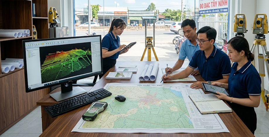 Văn phòng làm việc của Đo Đạc Tây Ninh tại QL50 Ngã 5 Mũi Tàu xã Cần Giuộc Tây Ninh với đội ngũ kỹ sư và thiết bị đo đạc chuyên nghiệp