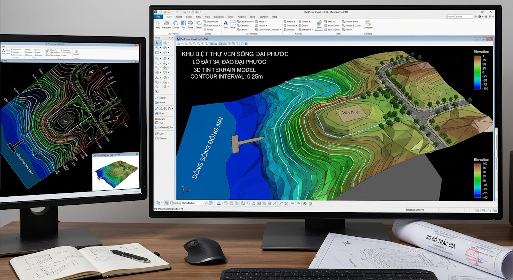 Màn hình phần mềm MicroStation hoặc AutoCAD Civil 3D hiển thị mô hình địa hình 3D TIN (Triangulated Irregular Network) của một lô đất biệt thự ven sông tại đảo Đại Phước với đường đồng mức khoảng cách 0,25m