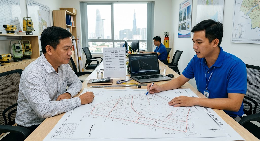 Chủ đất và kỹ sư trắc địa đang thảo luận trước tờ bản đồ địa chính in trên bàn làm việc tại văn phòng công ty đo đạc TP.HCM, thể hiện tư vấn chuyên nghiệp và minh bạch về chi phí dịch vụ