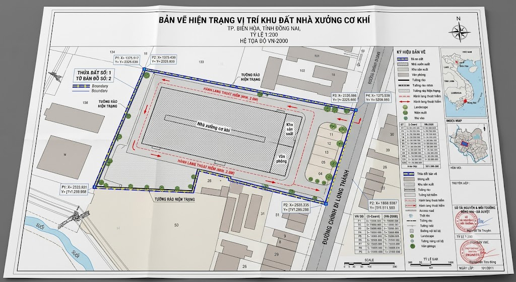 Bản vẽ hiện trạng vị trí khu đất nhà xưởng cơ khí tỷ lệ 1:200 thể hiện tọa độ góc thửa hệ VN-2000 tường rào và hành lang thoát hiểm tại Biên Hòa Đồng Nai